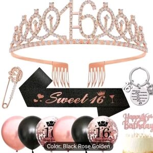 Sweet 16 Rose Gold Tiara Party Set - Black Rose Golden